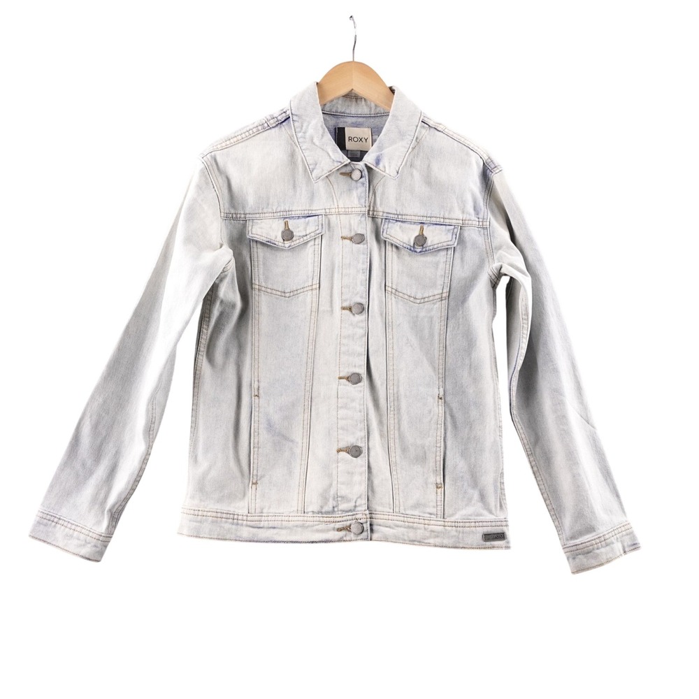 ROXY Women Acid Wash Denim Jacket Light Blue Distressed Trucker Style Size S Y2K